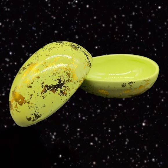 Ceramic Green Egg Shaped Trinket Box Jewelry Container w Gold Decor 5”W 3”T - Picture 2 of 10